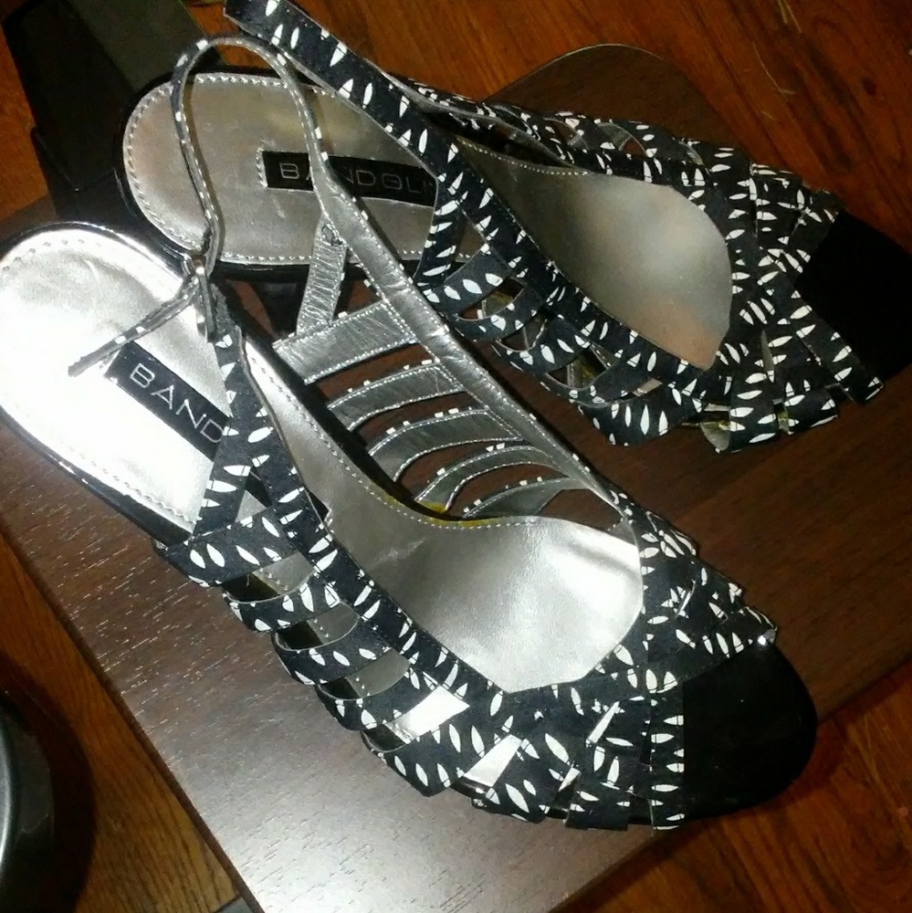 Black and White Bandolino Strappy Peep Toe Heels